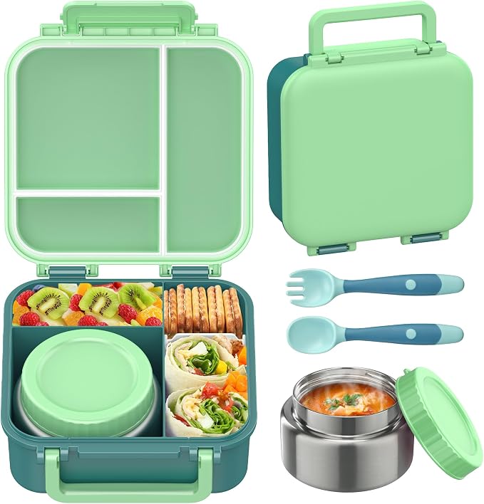 Bento Lunch Box for Kids with 9oz Thermo, Leak-proof Lunch Containers with 3 Compartments,Kids-friendly Size,Durable/Dishwasher Safe Lunch Box for School Outdoors-Green