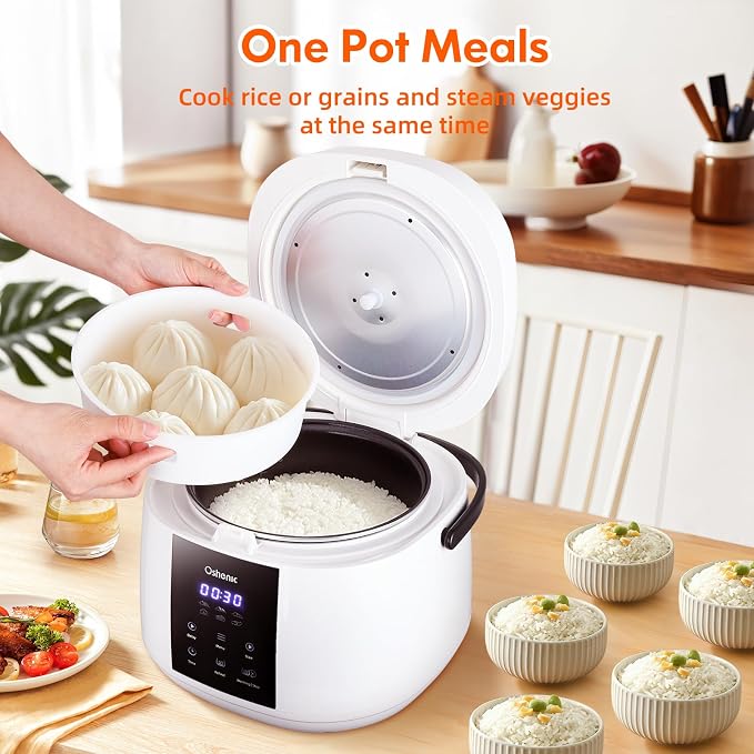 Rice Cooker Small,6-Cup Uncooked/12-Cup Cooked,6-in-1 Multi Cooker | Portable Non-Stick Rice Maker With Steamer Basket,12 Hours Timer Delay & Keep Warm Function for Soups,Stews,Oatmeal