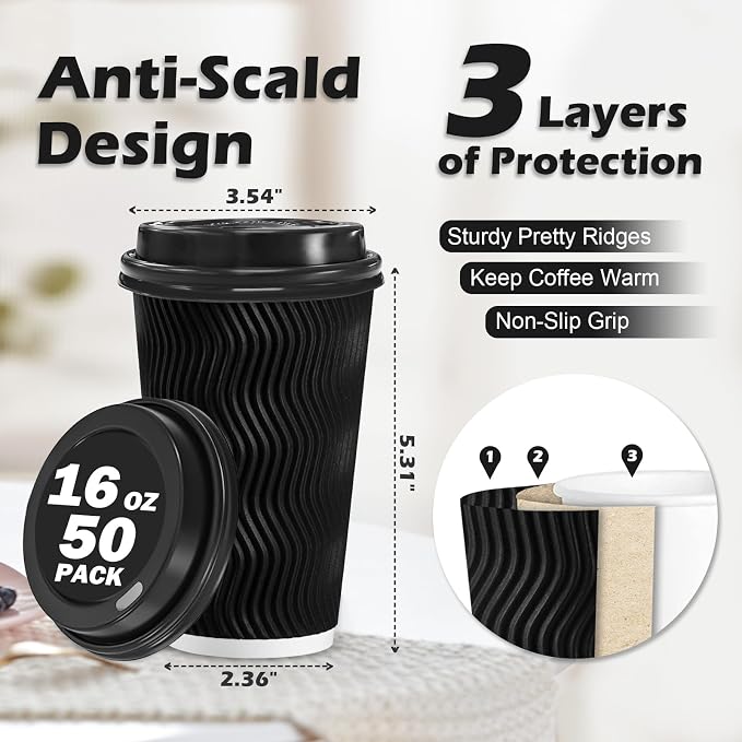 Lamosi 50 Pack 16 oz Disposable Coffee Cups with Lids and Straw, Black | Insulated Corrugated Ripple Wall Hot Cups with Lids for Hot Drink, Office, Coffee Bars, Meetings, and Short To-Go Use