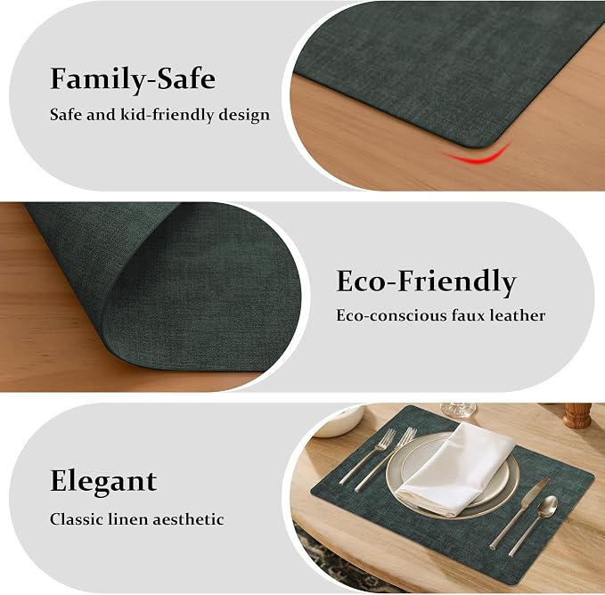 FROMHEART Faux Leather PU Placemats Set of 6 (Dark Green,11.8" x 17") | Waterproof,Heat/Oil Stain-Resistant Table Mat–Reversible,Non-Slip,Easy to Clean Place Mats for Kitchen,Dining,Indoor/Outdoor