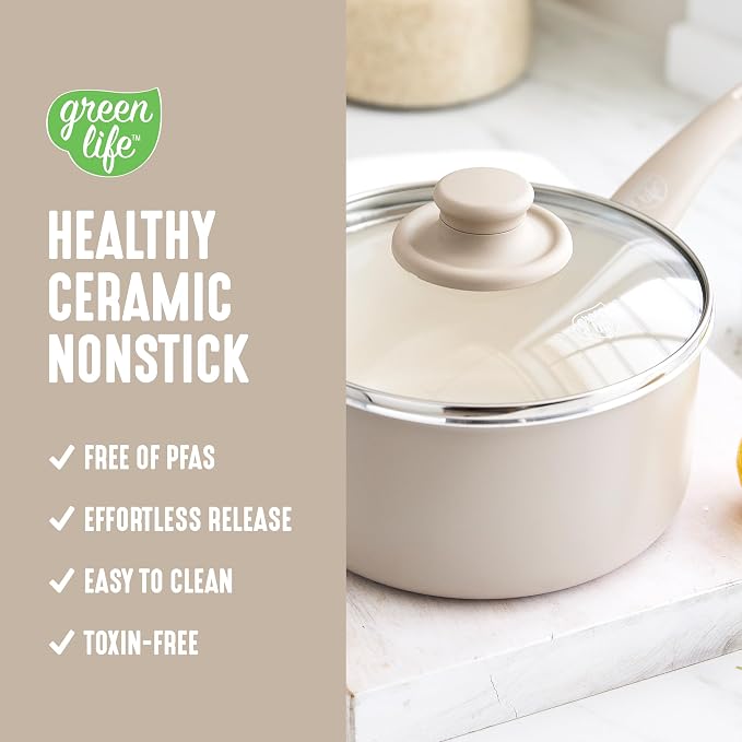 GreenLife 2.5QT Ceramic Nonstick Saucepan with Glass Lid, Taupe | PFAS-Free Nonstick Coating, Multipurpose Cooking Pot, Milk Pan, Soup Pot, Stay-Cool Handle, Dishwasher & Oven Safe up to 350F