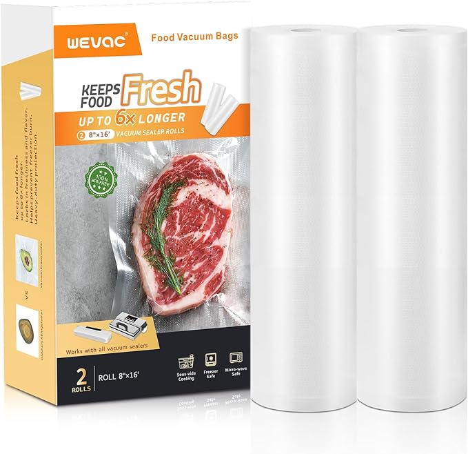 Wevac Vacuum Sealer Bags 8x16 2 rolls, for Food Saver, Suction Channel | Sous Vide, Freezer safe, BPA Free, Commercial Grade, Heavy Duty Vacuum Seal Bag Fit All Vacuum Machine, Meal Prep, Meat, Fish