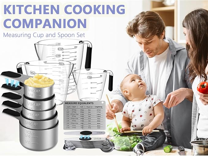 Measuring cups and spoons set,Magnetic Measuring 5 Cups 7 Spoons & 1 Leveler, 3 Plastic Measuring Cup with 1 Measuring Conversion Chart, Metal Stainless Steel for Baking & Cooking