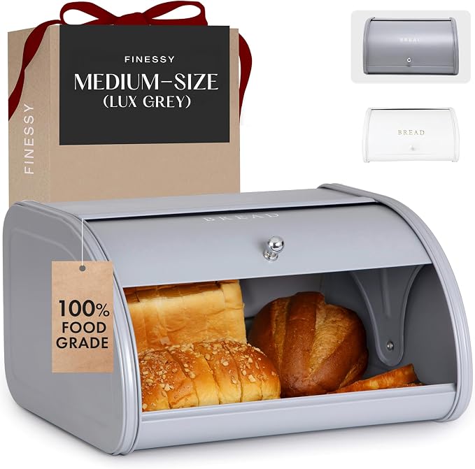 FINESSY Metal Bread Box For Kitchen Countertop, Gray Bread Box Roll Top | Bread Container Holds 1 Standard Loaf With Bagels And Muffins. No Assembly Bread Box, With Roll Top Lid 11.9 x 10.3 x 6.7 ins
