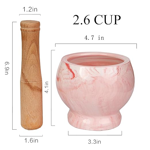Mortar and Pestle Set- Ceramic Kitchen Mortar and Pestle for Spices, Herbs & More- Durable Mortar with Anti-Slip Base and Sturdy Wooden Pestle with Finest Grinding Ability- 2.6 Cups Capacity