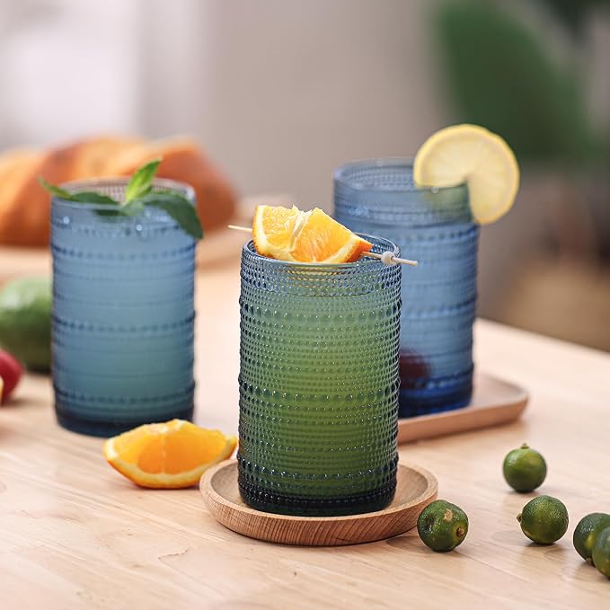 Moretoes Large 15oz Blue Hobnail Drinking Glass Set of 12 | Vintage Glassware,Embossed Glass Cups,Water Tumbler,Highball Glasses For Beer, Juice And Various Mixed Drinks