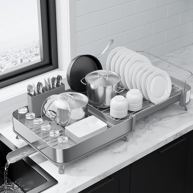 Kitsure Expandable Metal Dish Drying Rack, 16.1-26.6" L x 12.6" W, Grey | Dish Racks for Kitchen Counter, Auto-Drain Drying Rack for Kitchen, Cutlery Holder, Non-Slip Feet, Anti-fall Fence