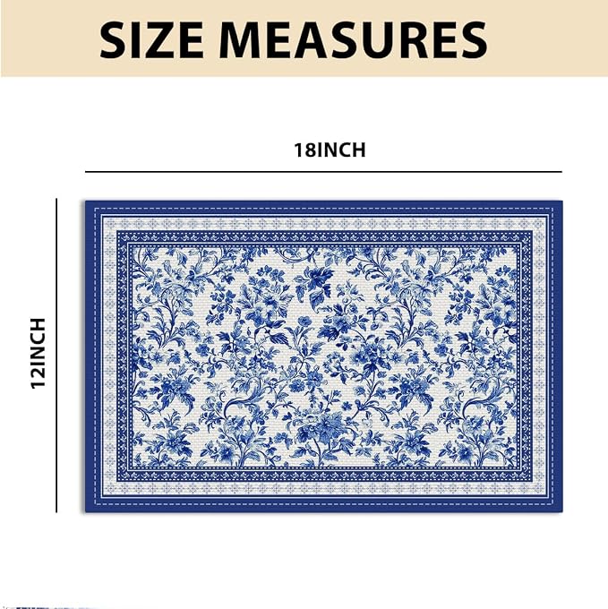 Blue Floral Branches Linen Placemats Set of 4, Chinoiserie Table Mats | Washable Non-Slip Heat Resistant Linen Fabric Rectangle Place Mats for Indoor Outdoor Party Kitchen Dining Decor 12 x 18 Inch