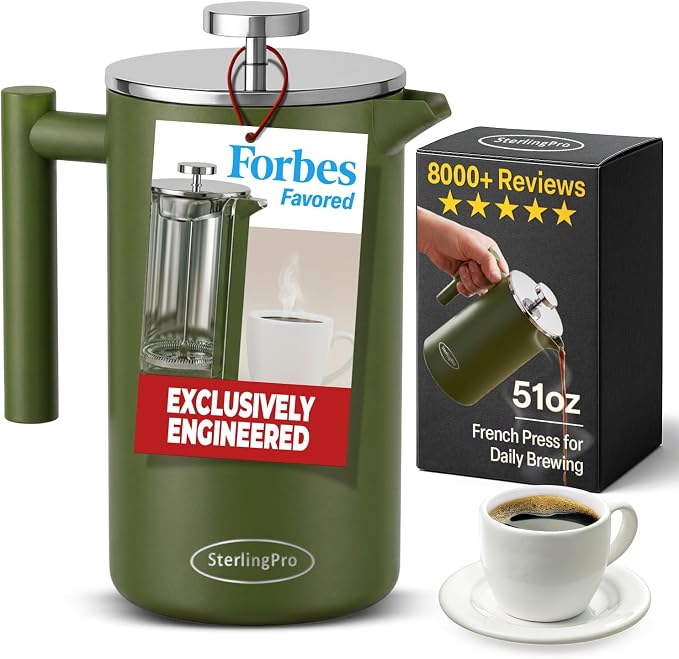 SterlingPro Large Insulated Stainless Steel French Press Coffee Maker 51oz Capacity (44 oz Brew Yield) – Double Wall Metal Coffee Press | Plastic Free | Cool-Touch | Green Finish | 12 Cups / 6 Mugs