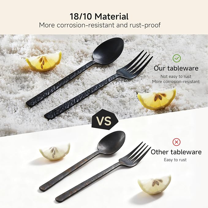 60 Pcs Black Hammered Silverware Set for 12, 18/10 Stainless Steel Heavy Duty Flatware Set, Tableware Cutlery Utensil Sets for Home Restaurant Dishwasher Safe