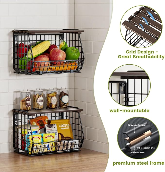 Hanging Fruit Basket for Kitchen, 3 Pack Vegetable Produce Basket | Wall Mounted & Countertop Wire Storage Basket for Potato Onion Fruits Vegetables, Pantry Organizers Storage