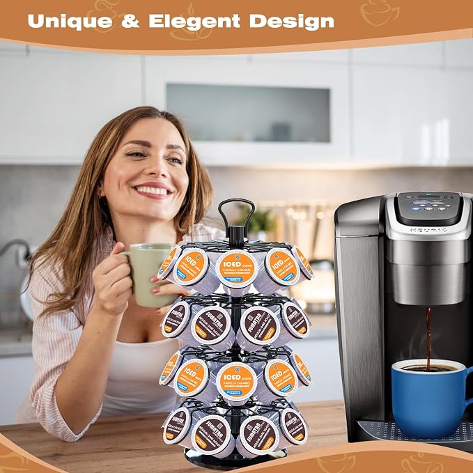 K Cup Holder,4-Tier Coffee Pod Holder Storage Organizer Stand,Holds 36 Pods | K Cup Carousel, 360°Rotating K Cup Organizer, Space-Saving for Countertop, K Cups Holder Easy Assembly, Glossy Black Finish