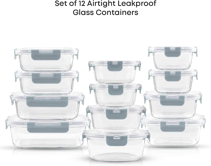 JoyJolt 24pc Borosilicate Glass Storage Containers with Lids | 12 Airtight/Freezer Safe Food Storage Containers for Pantry and Kitchen | Meal Prep Container for Lunch | Glass Tupperware Set