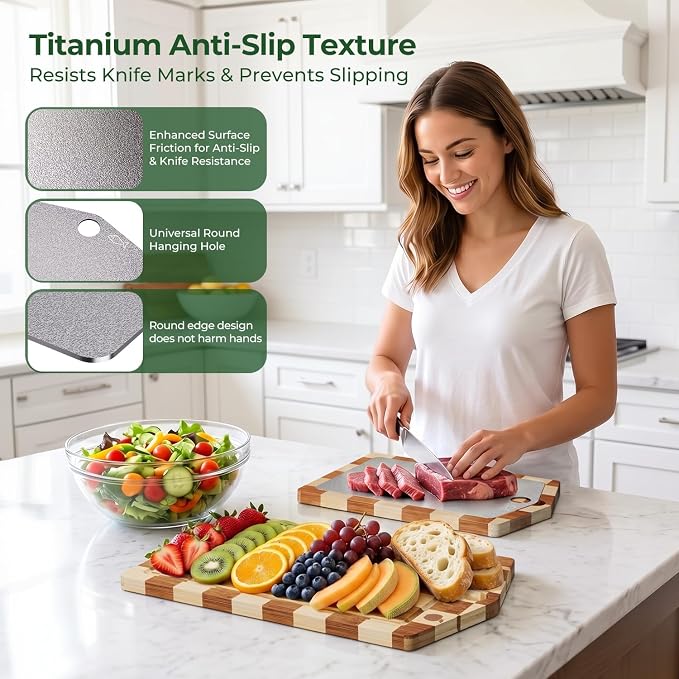 Pure Titanium Cutting Board, Bamboo Cutting Boards Set for Kitchen | 3PCS Chopping Boards for Kitchen, Large Metal Wood Cutting Board, Non Slip, Juice Grooves, Knife-Friendly, Dishwasher Safe