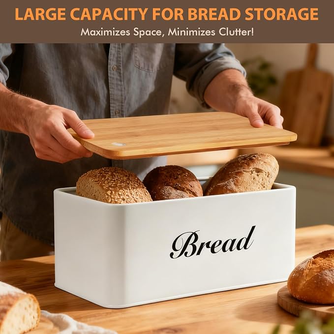 RYTOXILO White Bread Box for Kitchen Countertop, Metal Breadbox with One-Way Degassing Valve Bamboo Lid, Bread Storage Boxes Container for Homemade Bread, Sourdough Food Cutting Board