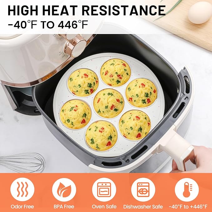 Vinino Silicone Air Fryer Muffin Pan with Reinforced Frame, Egg Bite Mold | 7 Cup Air Fryer Accessories, 2 Pack Silicone Muffin Pans for Oven, Perfect for Egg Bites, Muffins, Tarts, BPA-Free, Cream