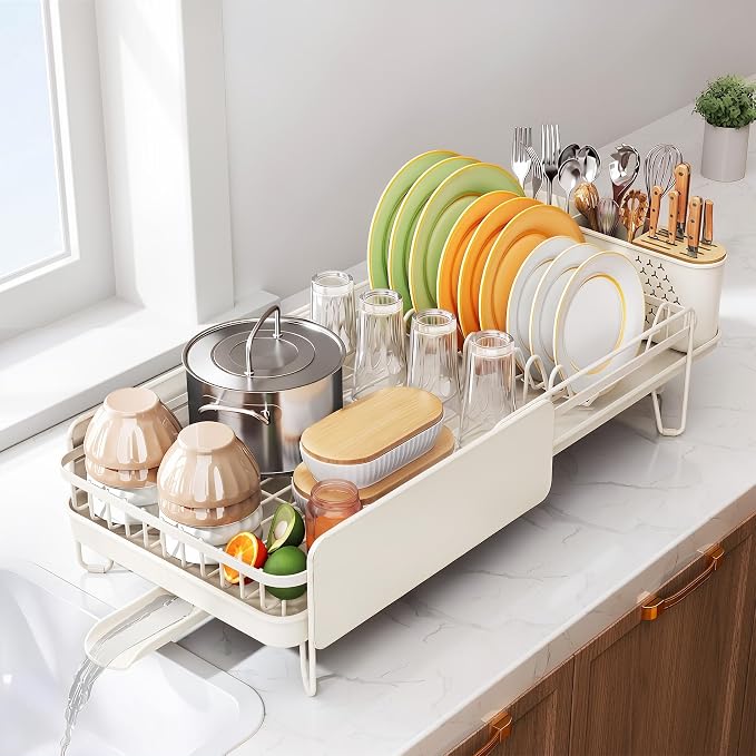 SNTD Large Dish Drying Rack for Kitchen Counter, Expandable, White | Stainless Steel Dish Drainer, Adjustable Length 18.9''-29.3'', Automatic Drainage, 360° Spout, Cutlery Holder with Knife Slot