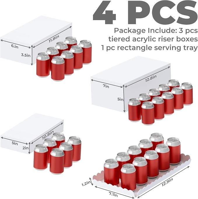 Buffet Risers, 4PCS Glossy White Acrylic Food Risers for Party Table, Rectangle Display Riser Stand with Hollow Box for Dessert Catering Drink Supply, Scalloped Acrylic Serving Tray for Cupcake