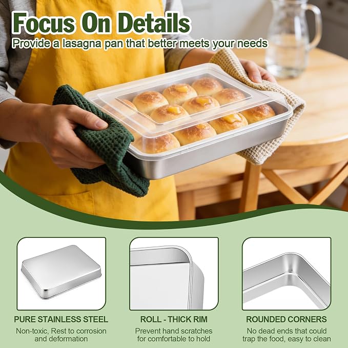 TeamFar Baking Pan with Lid, 10.5" x 8" Rectangule Cake Pans- 2Pans +2 Lids | Stainless Steel Lasagna Pans with Covers for Cake Brownie Casseroles, Birthday Party Outdoor, Healthy, Oven & Dishwasher Safe