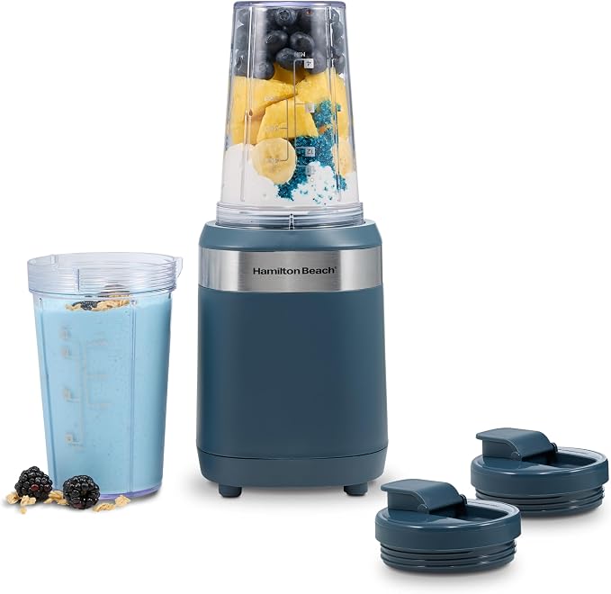 Hamilton Beach Portable Blender for Smoothies With 2 Blend & Go Jars | 2 14 oz. Personal Blender Jars and Lids | Powerful 400 Watt Motor | Stainless Steel Blades | Kitchen Makeover Blue | 51202J