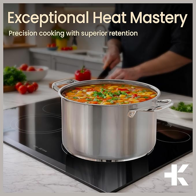 Stainless Steel Stockpot with Tempered Glass Lid 5 Quart, Durable 18/0 Stainless Steel, Impact-Bonded Base for Even Heating, Riveted Handles, Oven & All Stove Compatible, Safe Up To 500°F (260°C)