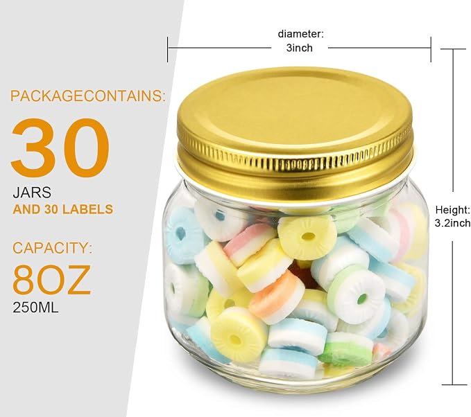 Rainforce Mason Jars 8 oz 30 Pack Small Glass Canning Jars with Gold Lids | 1/4 Quart canning jars regular mouth with 20 labels,1 pen.For food storage,meal prep,jelly,jam,honey,pickles,spice glass jars