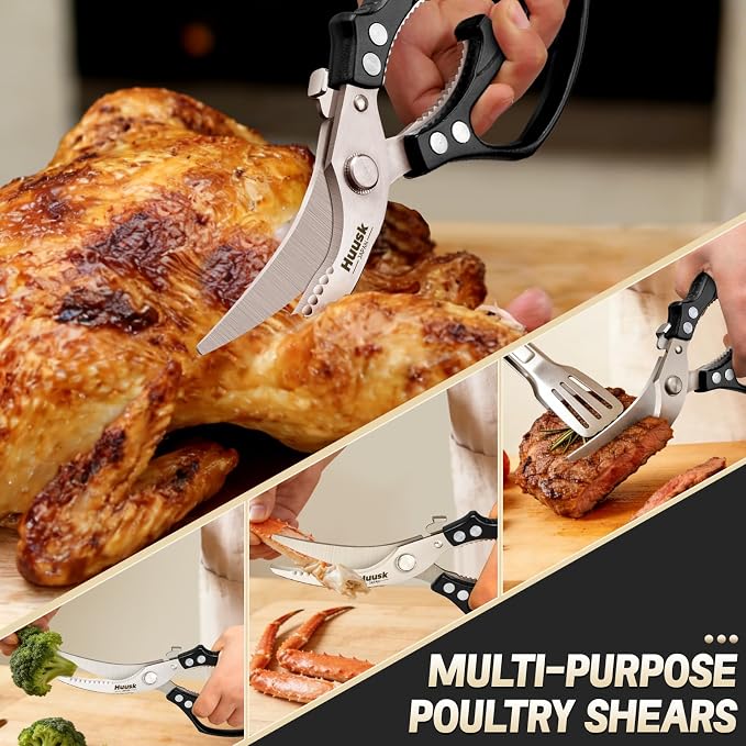 Huusk Kitchen Scissors All Purpose – Japanese Heavy Duty Poultry Shears | SK5 Steel Kitchen Shears for Meat, Fish, Vegetables, Chicken Bones, Turkey, Ergonomic Non-Slip Black Handle, Gifts for Women