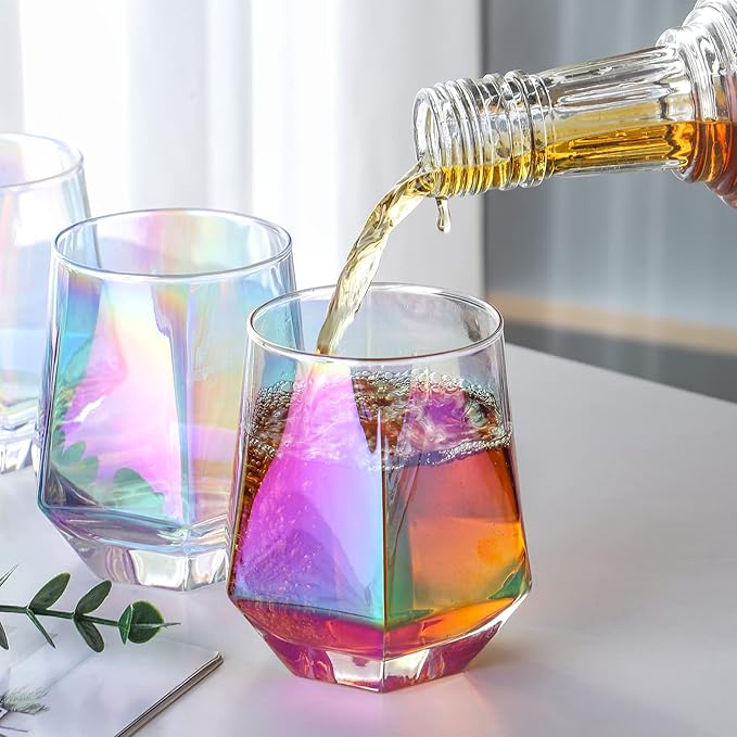 Stemless Wine Glasses Set of 4, Modern Rainbow Diamond Wine Glass, Lead-Free Premium Crystal Iridescent Wine Glasses Set for Daily Use Wedding Anniversary or Birthday Gift