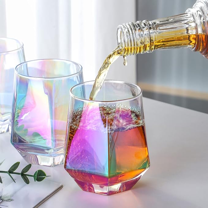 Wine Glasses Set of 6 (10 Oz), Stemless Wine Glass for Red and White Wine, Iridescent Diamond Shaped Glassware for Whiskey, Cocktail, Best Gift Anniversary, Wedding, Housewarming, Birthday