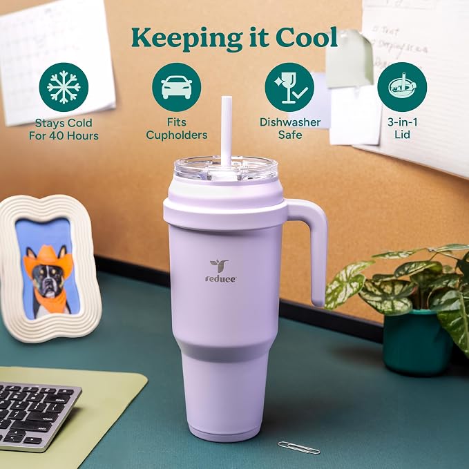 REDUCE Reusable 50 oz Cold1 Water Tumbler – Ergonomic Handle – Double-Wall Insulation – Sturdy Desktop/Tabletop Mug with Lid and Straw – BPA-Free – Stainless Steel for Gym, Home, Office – Casa Blanca
