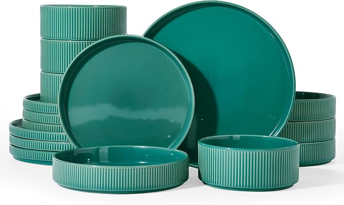Famiware Star Stoneware Dinnerware Sets with Pasta Bowls, 16pc Dishes for 4 | Ceramic Flat Plates and Double Bowls. Chip & Scratch Resistant. Microwave & Dishwasher Safe, Everyday & Party Use, Sage Green