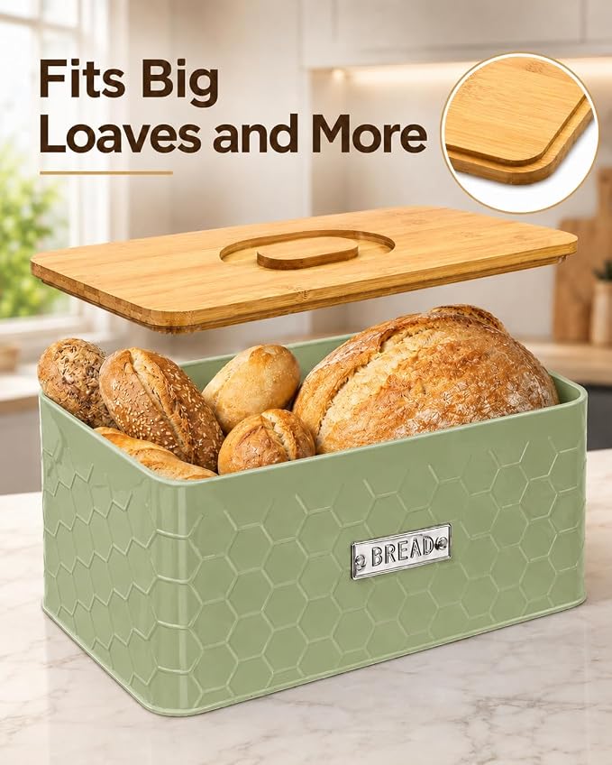 Bread Box for Countertop, Small Green Metal Bin with Bamboo Lid | Small farmhouse bread storage container and bread bin with cutting board lid for homemade bread and baked goods organization.