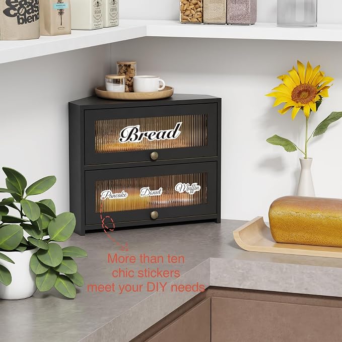 Goozii Corner Bread Box for Kitchen Countertop, Double Layer Large Breadbox for Counter Top, 2 Tier Roll Up Vintage Farmhouse Homemade Bread Storage Container Holder Keeper for Cabinet (Black)