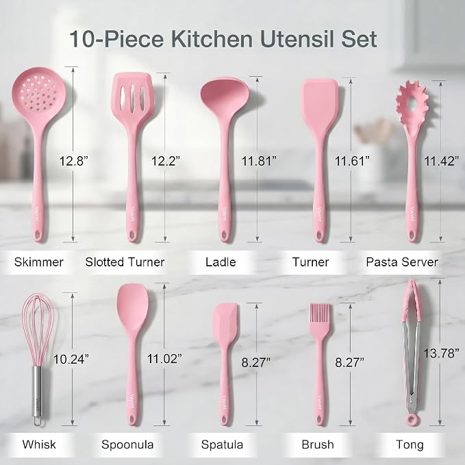 Vayvnt Cooking Utensils Set, 10PCS Non Toxic Silicone Set for Kitchen, Pink | Seamless construction, Soft Silicone for Nonstick Pan, Dishwasher Safe, Kitchen Gadgets for Home Apartment, Housewarming Gift