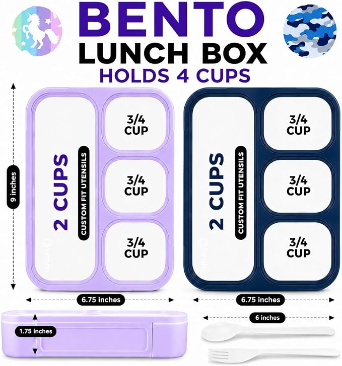 kinsho Bento Lunch Boxes for Kids, Meal and Snack Containers for Boys Girls for School, 4 Compartments, Utensils, BPA Free (Purple Rainbow Unicorn + Blue Camo, 2 Pack Set)