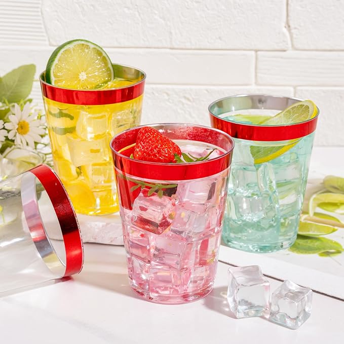 DaYammi 100 Pack Red Plastic Cups 10 Oz,Red Rimmed Plastic Cups for Party Fancy Disposable Cup for Wedding Disposable Glasses Clear Tumblers with red Rim for Bridal Shower Elegant Wine Cocktail Cup