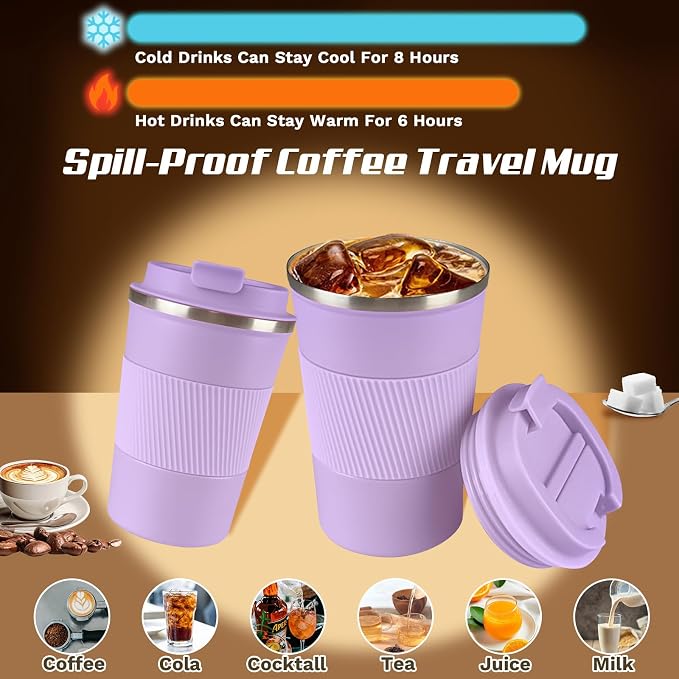 Vacuum Insulated Stainless Steel Travel Coffee Mug,Leak Proof Cup with Lid | 304 stainless steel mug with vacuum insulation, leak proof lid, silicone grip and car cup holder friendly design