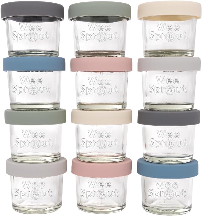 WeeSprout Glass Baby Food Storage Jars with Silicone Lids (4 oz, 12 Pack Set) Snack, Puree, Reusable Small Containers, Breast Milk, Fridge or Freezer, Essential Must Have for Infants