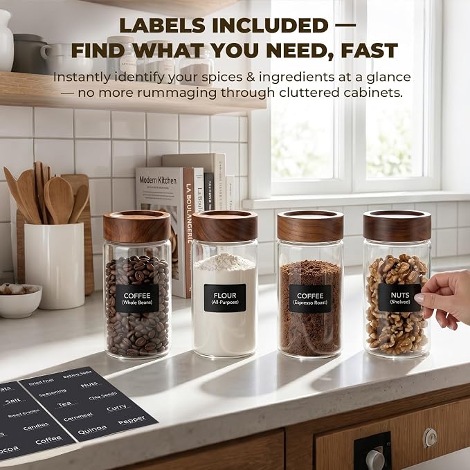 4 Pack 13 oz Glass Spice Jars with Airtight Wood Lids - 15cm Tall Small Storage Food Containers with Labels for Pantry Organization, Herb, Seasoning, Sugar, Coffee Bean, Tea