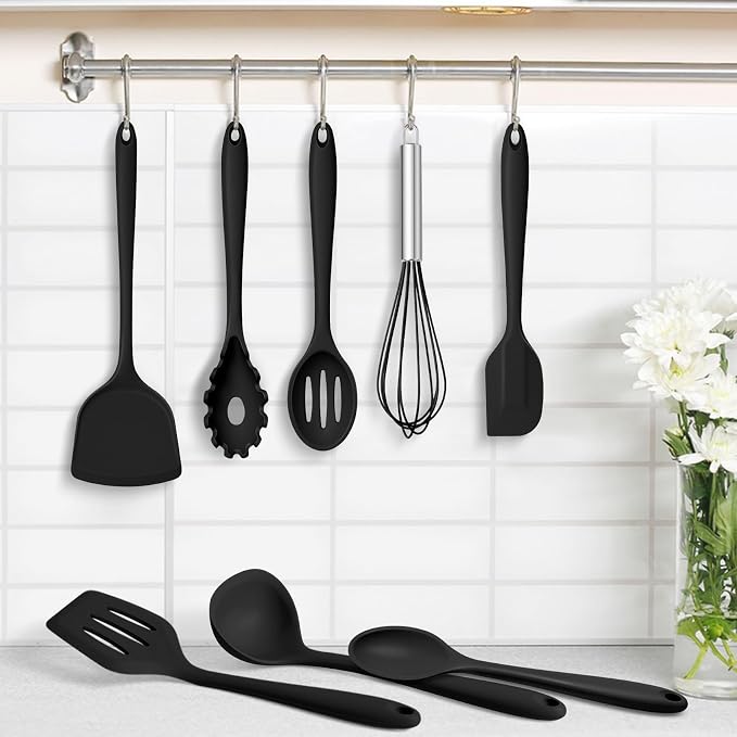 TeamFar Silicone Cooking Utensils Set, 8 PCS Kitchen Utensils Set, Black | 446°F Heat Resistant Turner, Spatula, Spoon, Whisk, Kitchen Cooking Gadgets Tools, for Nonstick Cookware, Dishwasher Safe