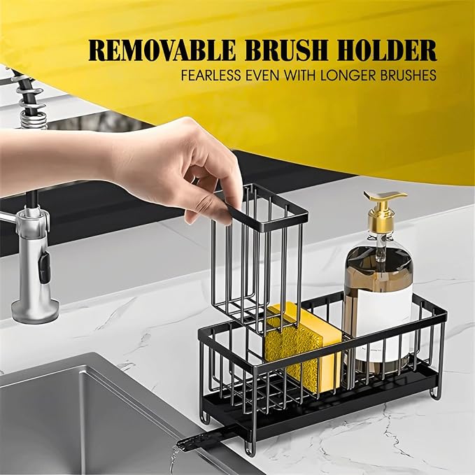 Sponge Holder for Kitchen Sink,5 in 1 Rustproof Stainless Steel Sink Caddy with Washing Cloth & Adhesive Hooks, Kitchen Sink Organizer with High Brush Holder and Soap Holder for Kitchen Sink | Adjustable, Automatic Drainage