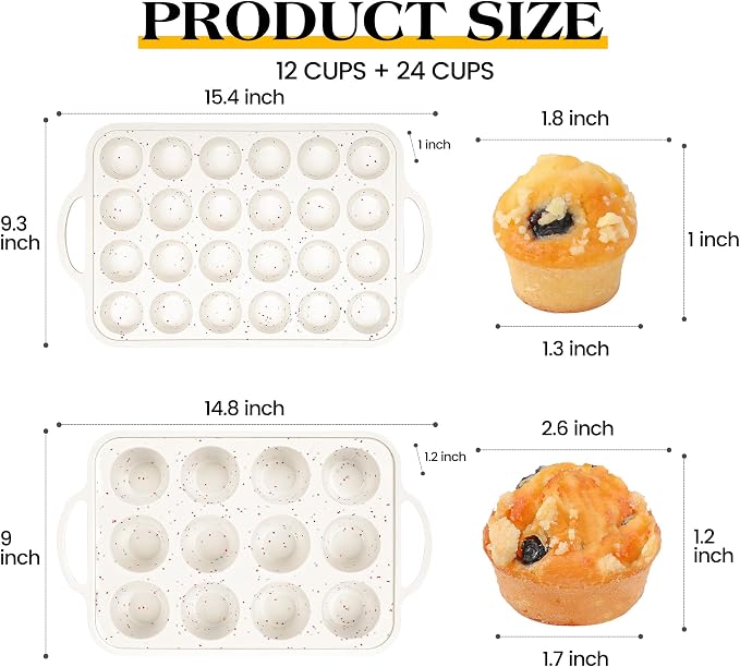 2 Pcs Silicone Muffin Pans for Baking, Cream | Regular 12 Cup and Mini 24 Cup, with Metal Reinforced Frame, Silicone Cupcake Mold, BPA Free