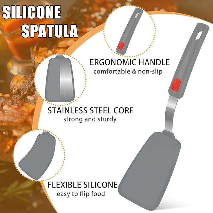 Beijiyi Silicone Spatula Turner Set of 3, 600°F Heat Resistant (Gray) | Flexible Spatulas for Nonstick Cookware, Cooking, Flipping, Egg & Pancake, BPA Free Kitchen Utensils, Dishwasher Safe