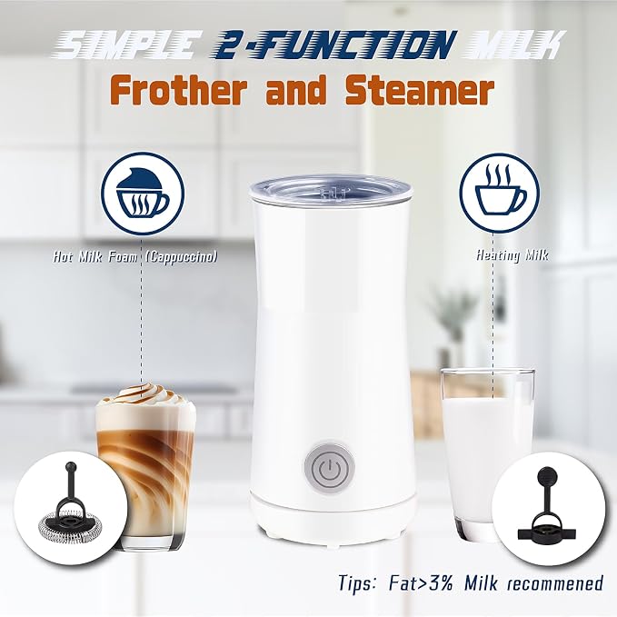 Simple Milk Frother, 2 in 1 Milk Steamer and Frother, Electric Milk Steamer, Milk Warmer and Hot Milk Foam Maker for Latter, Macchiato, Cappuccinos (White)