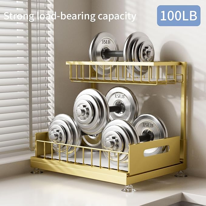 L-Shaped Under Sink Organizer, 2-Tier Pull-out Cabinet Rack 1-Pack | Gold Height-Adjustable Steel Rack, Sliding Grid Drawers with PP Liners, Holds 100 Lbs, Suction Base, Ideal Kitchen Storage