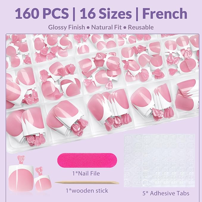 AddFavor 160pcs French Tip Toe Nail Press ons - Pink Press on Toenails for Women, Full Cover Toe Press on Nails with Adhesive Tabs, Fake Toenails Tips