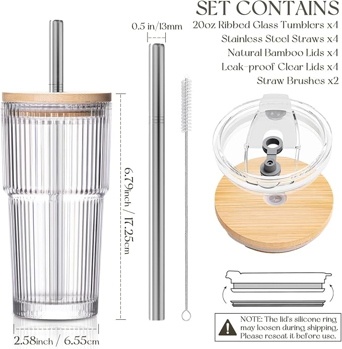 KEMORELA 20oz Ribbed Glass Tumblers with Bamboo Lids & Straws, Boba Cups | Stainless steel straws, bamboo & leak-proof dual lids. 13mm wide straw. Vintage. For boba, iced coffee, smoothies & travel.