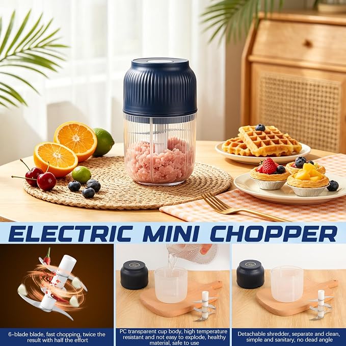 Electric Garlic Chopper, Mini Portable Veggie Chopper Garlic Grinder Masher Onion Chopper, Rechargeable Cordless Food Processor & Food Chopper for Garlic Onion Ginger Chili Vegetables, 400ml (Blue)