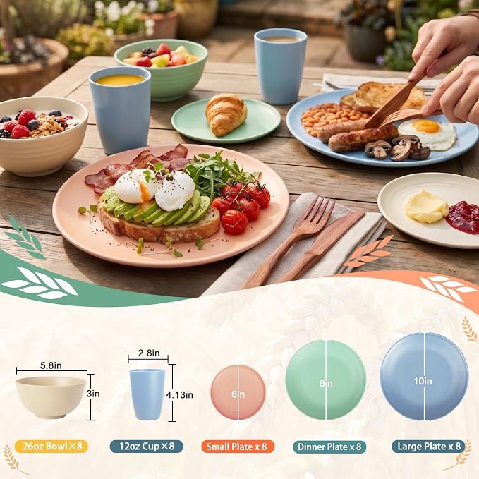 PYRMONT 40 Piece Unbreakable Plate and Bowl Set Wheat Straw Dishes Set for 8-Reusable Plates,Microwave Safe Bowls for Dorm Room,RV Essentials,Dishwasher Safe Kitchen Cups Set-Multilight