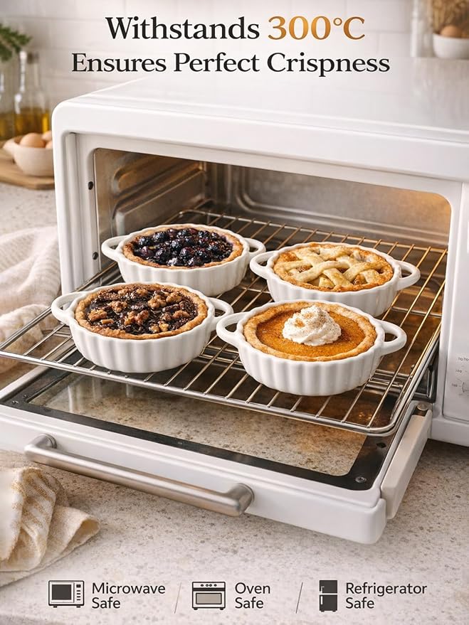 5in Ceramic Mini Pie Pan Set of 6 with Handles for Pie Quiche Tart. Easy to grip, Lead-Free. 8 oz Ramekins Dish for Creme Brulee, Soufflés; Gifts for Baking Enthusiast. Oven Dishwasher Safe
